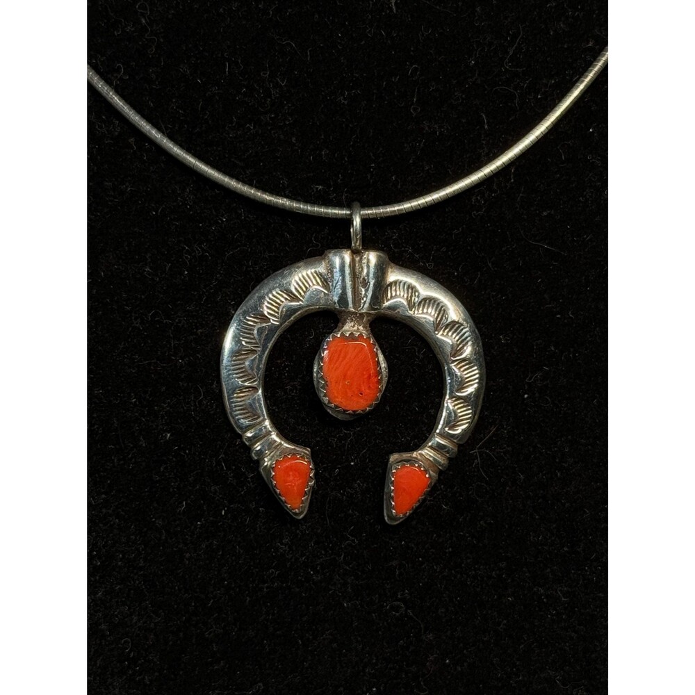 Lorenzo Livingston Navajo Sterling Silver Coral Naja Pendant Necklace